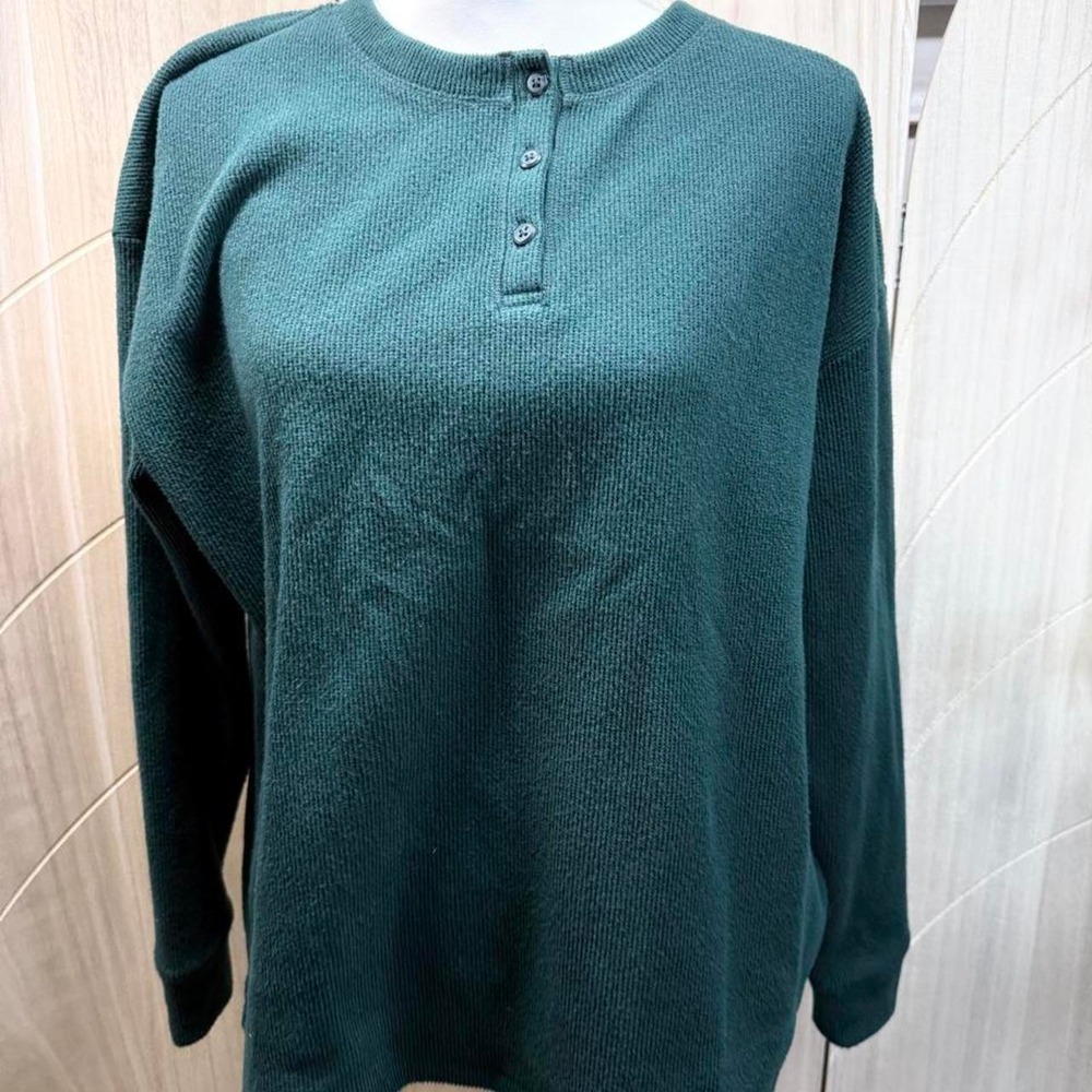 Modern Forest Green Henley Waffle Knit Long Sleeve Cabincore Granolagirl Large